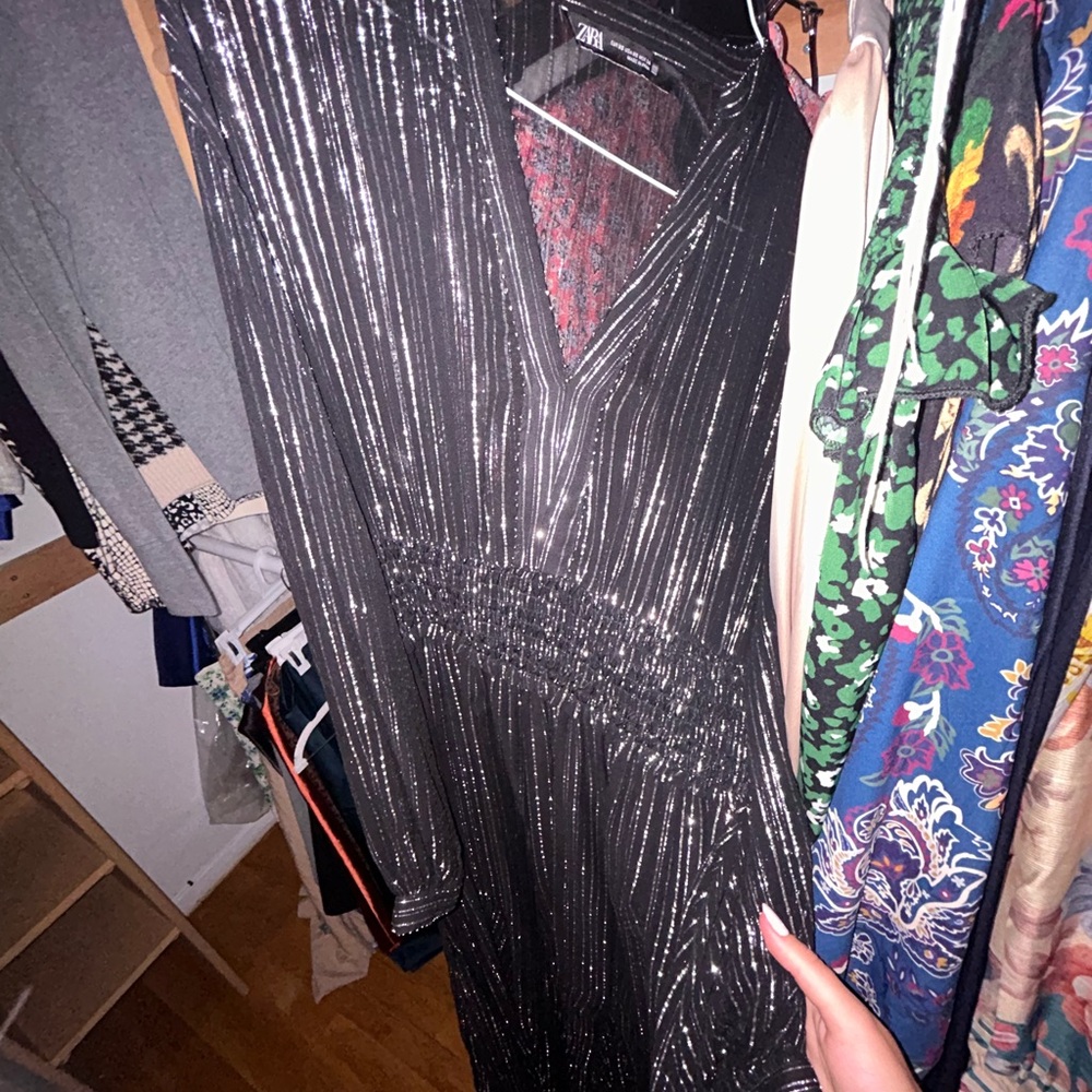 Zara Metallic Black Dress with Shimmering Stripes